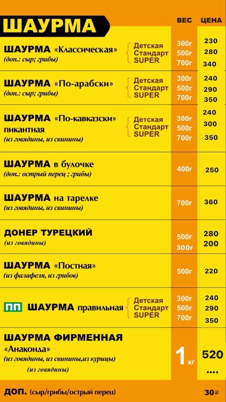 Шаурмания меню