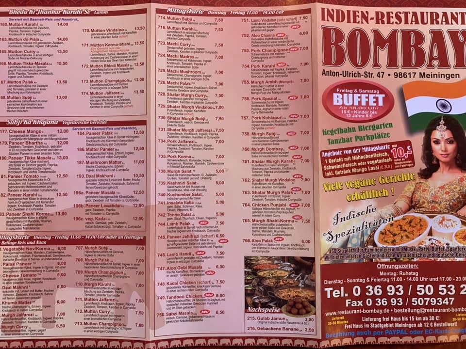 Indien-Restaurant Bombay Meiningen меню