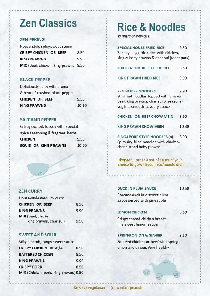 Zen Chinese Restaurant & Takeaway меню