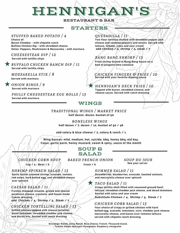 Hennigan's Restaurant and Bar меню