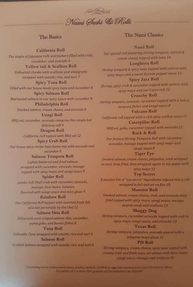 Nami Japanese Steak and Sushi Belton меню