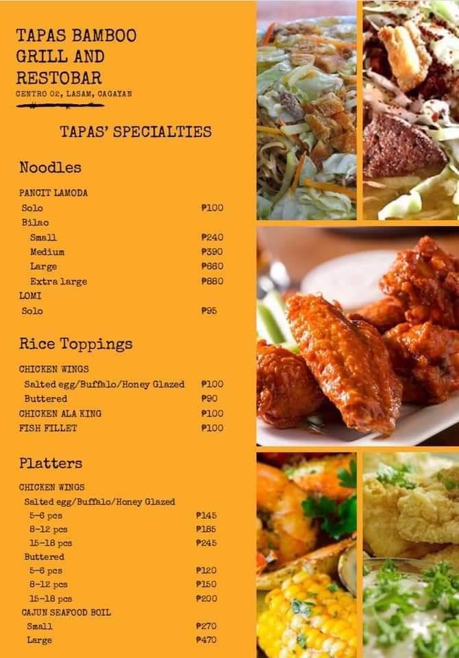 TAPAS BAMBOO GRILL AND RESTOBAR меню