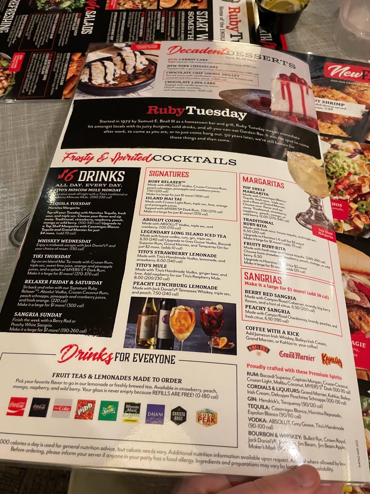 Ruby Tuesday меню