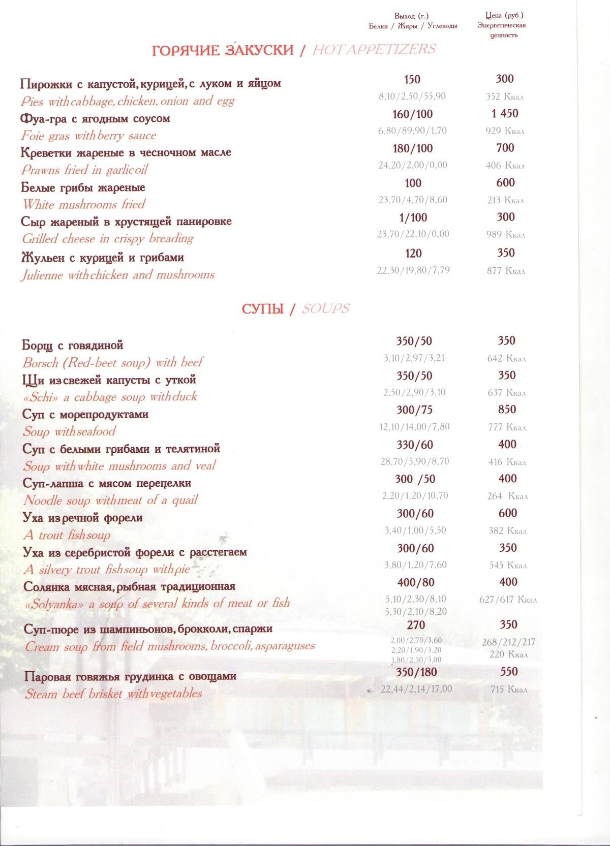 Stellar Collection Chalet, Krasnaya Polyana меню
