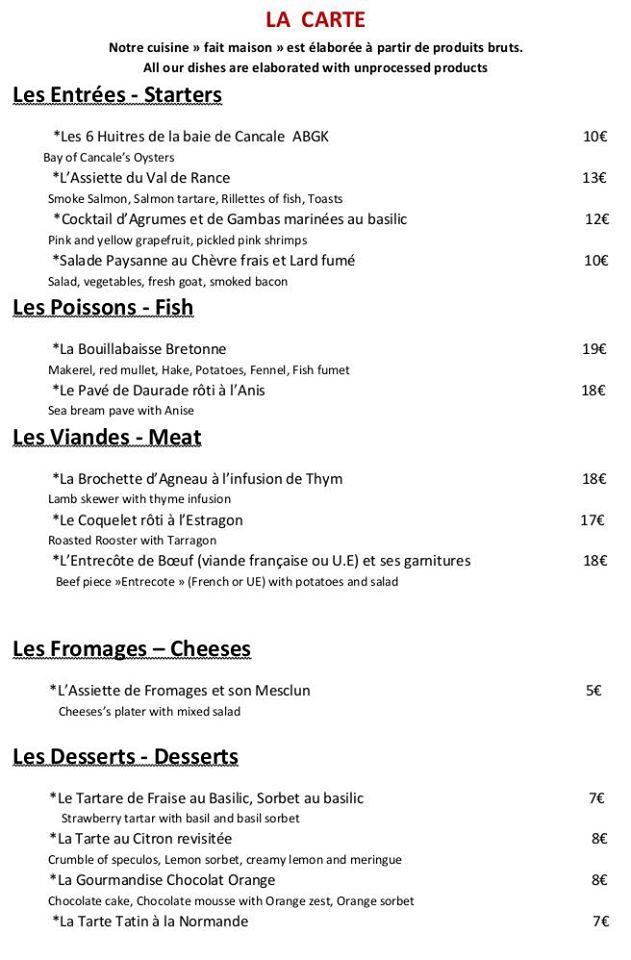 AUBERGE DU VAL DE RANCE (restaurant) меню