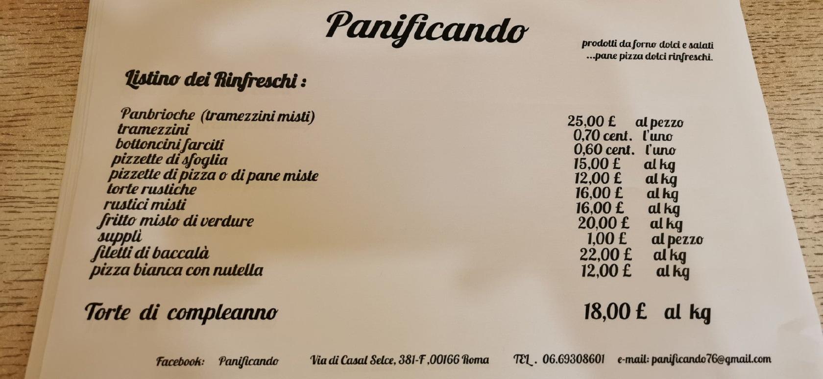 Panificando Roma меню