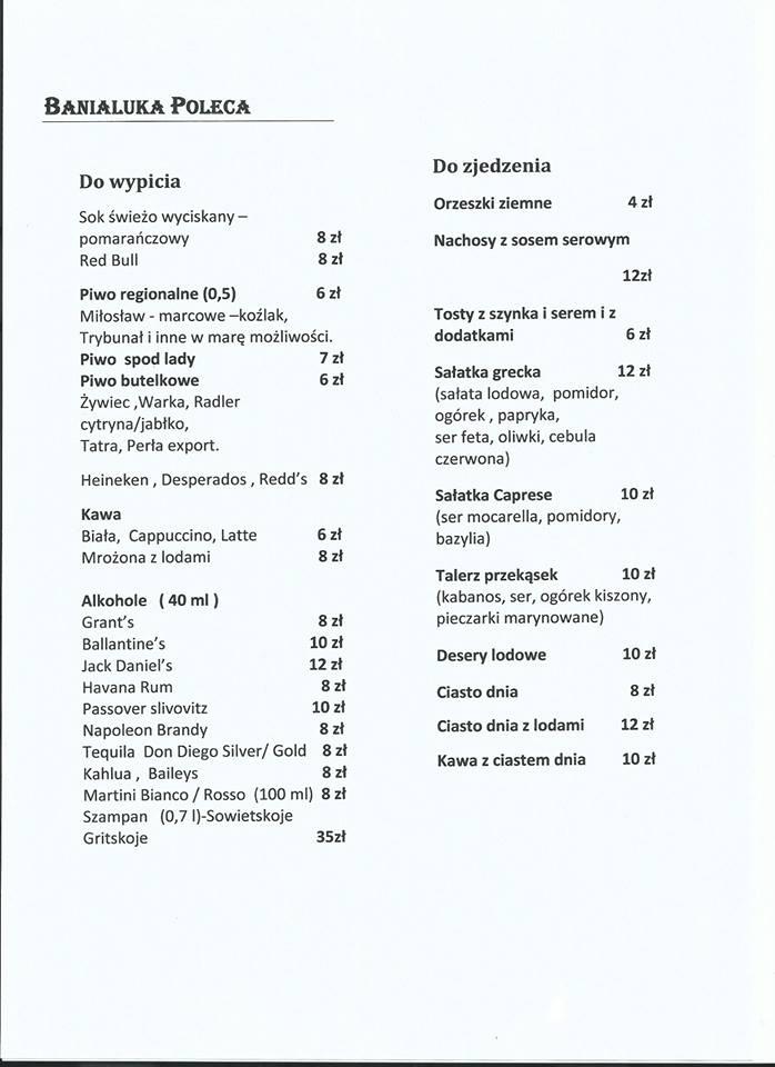 Banialuka Rzeszów меню