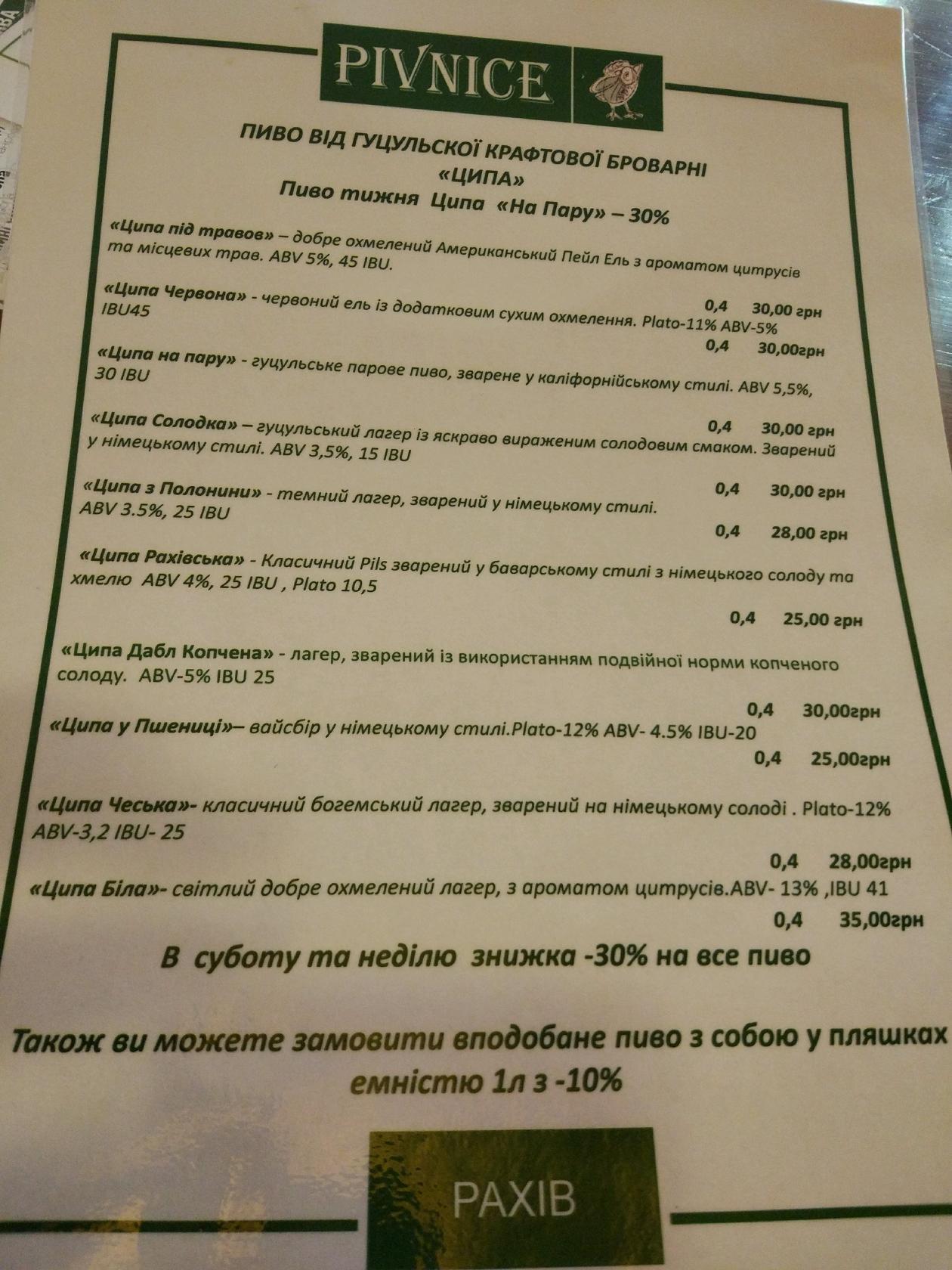 Ципа Craft Pub Рахiв меню