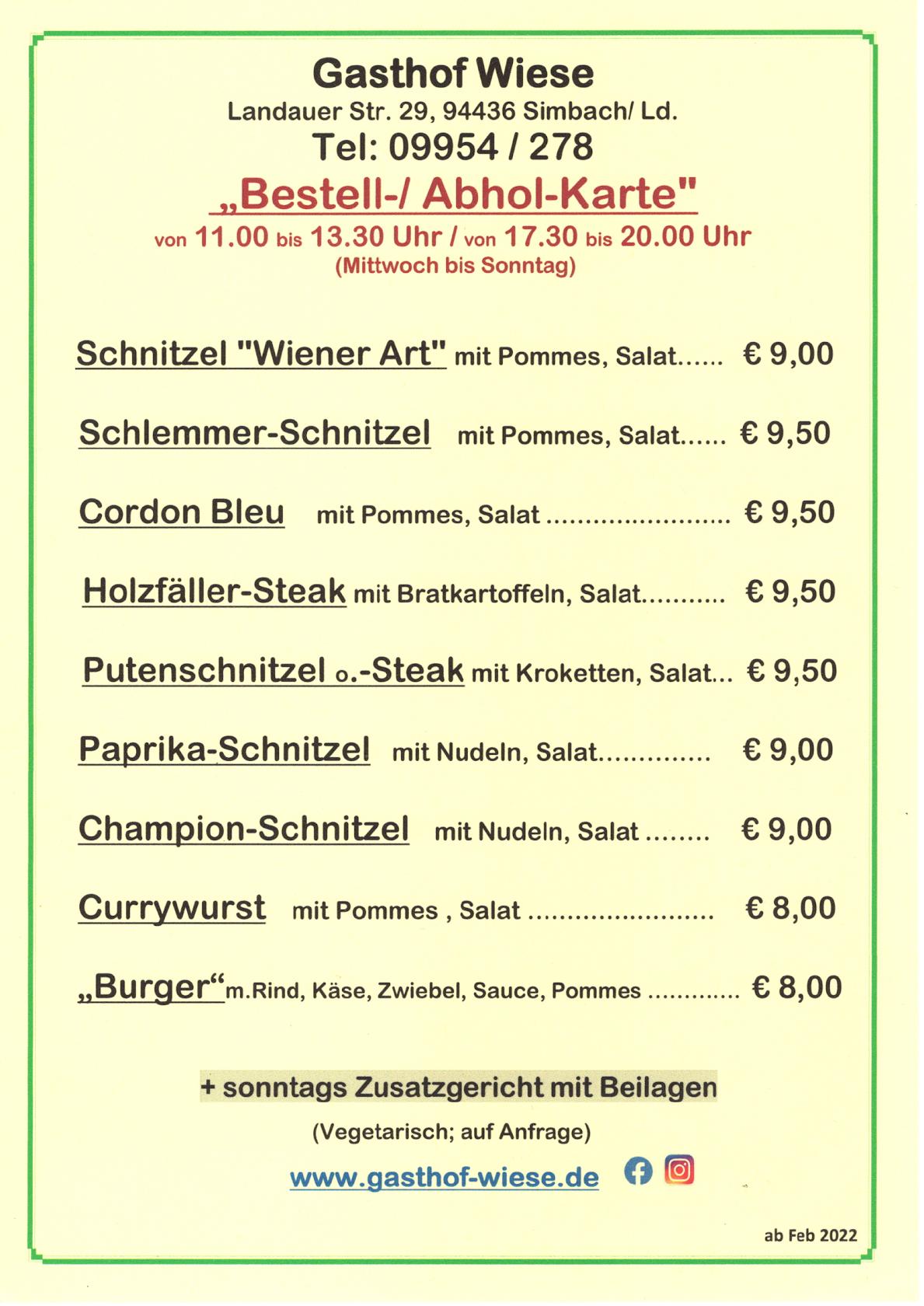 GASTHOF WIESE меню