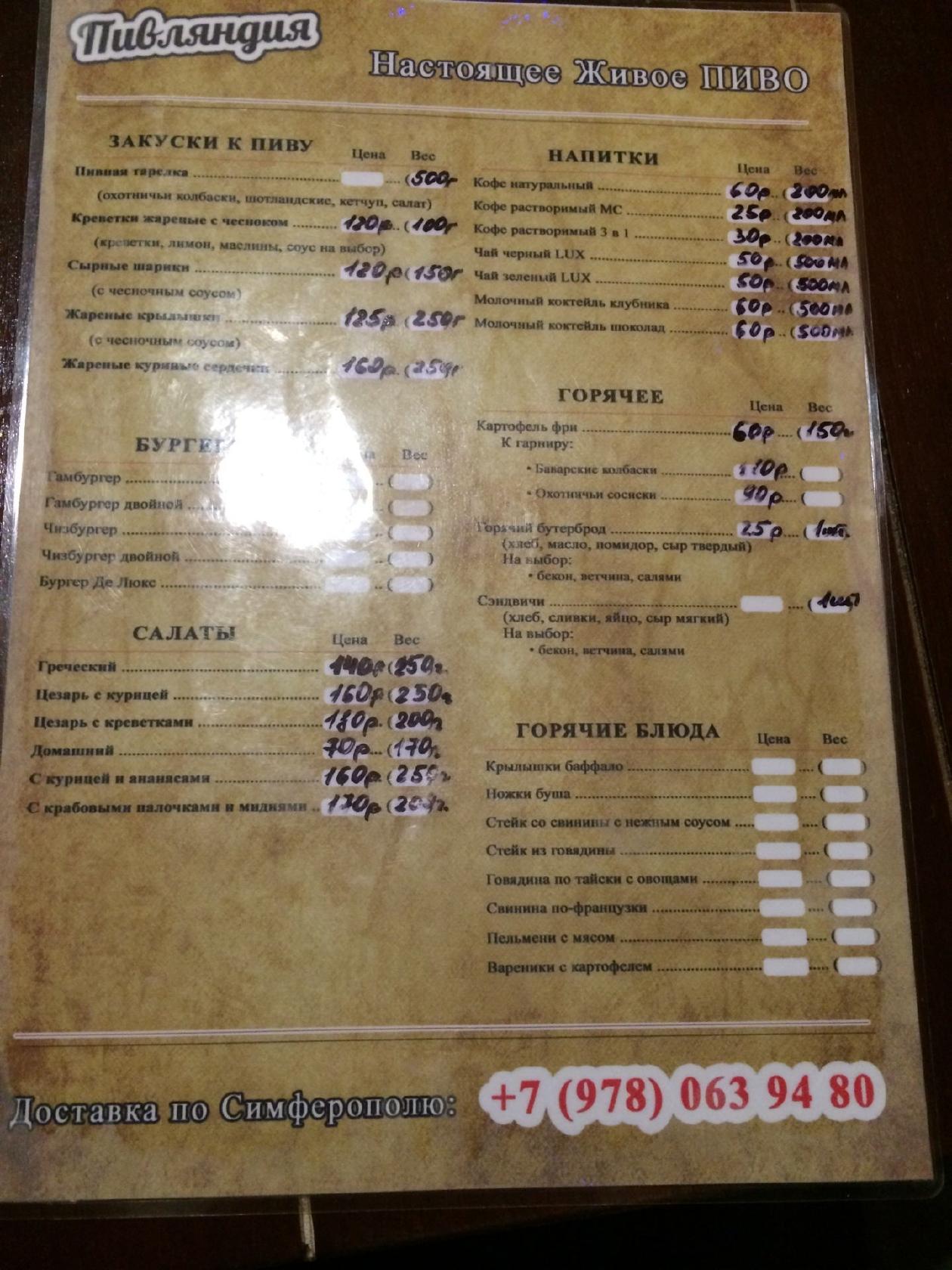Пивляндия меню