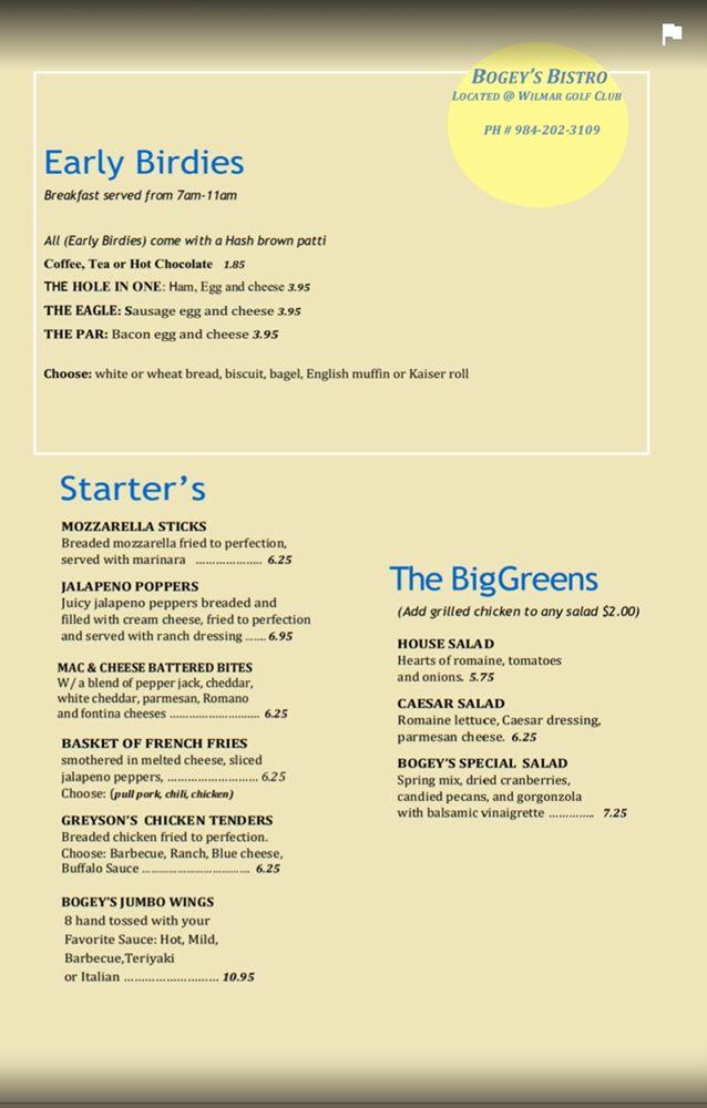 Bogeys Bistro меню