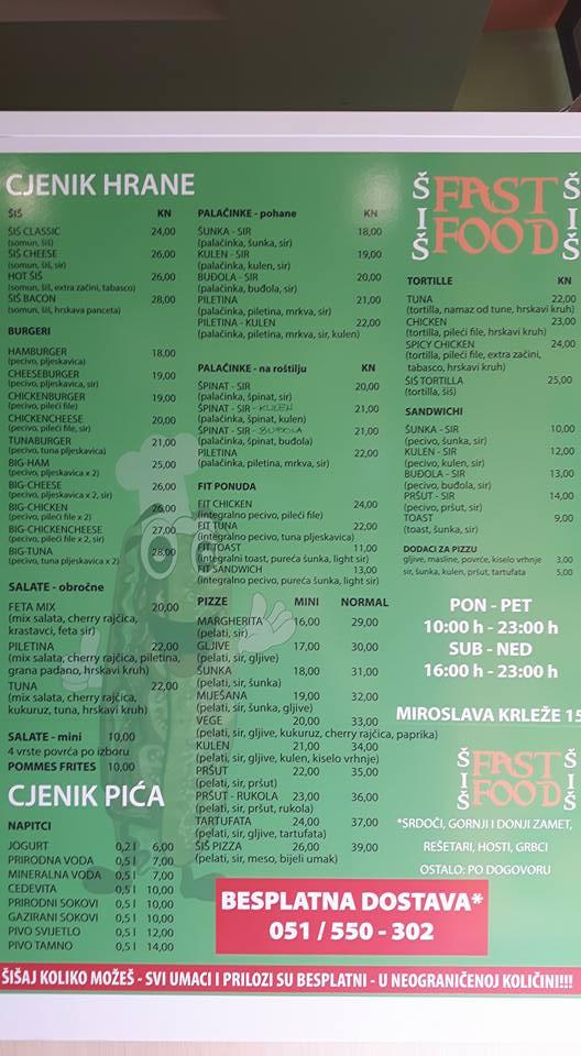 Fast Food "ŠIŠ" Rijeka меню