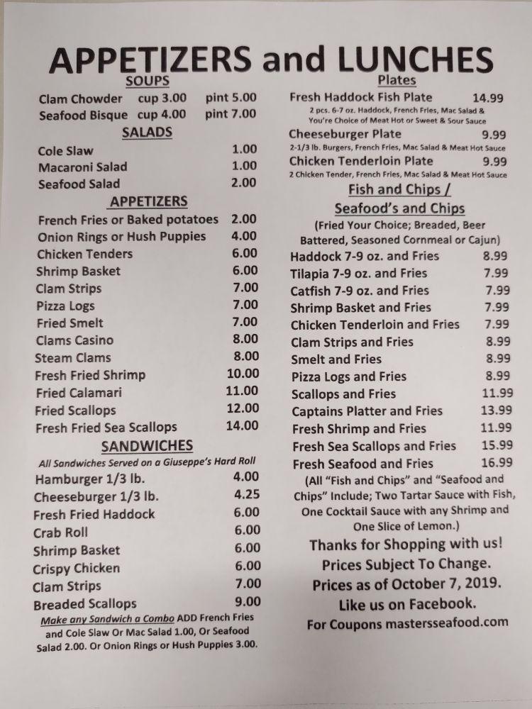 Masters Seafood меню
