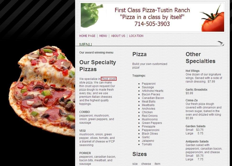 First Class Pizza меню