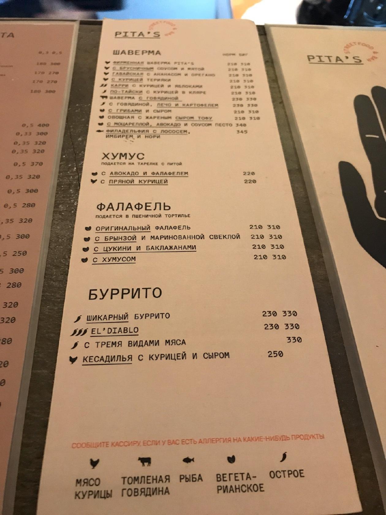 Pita's меню