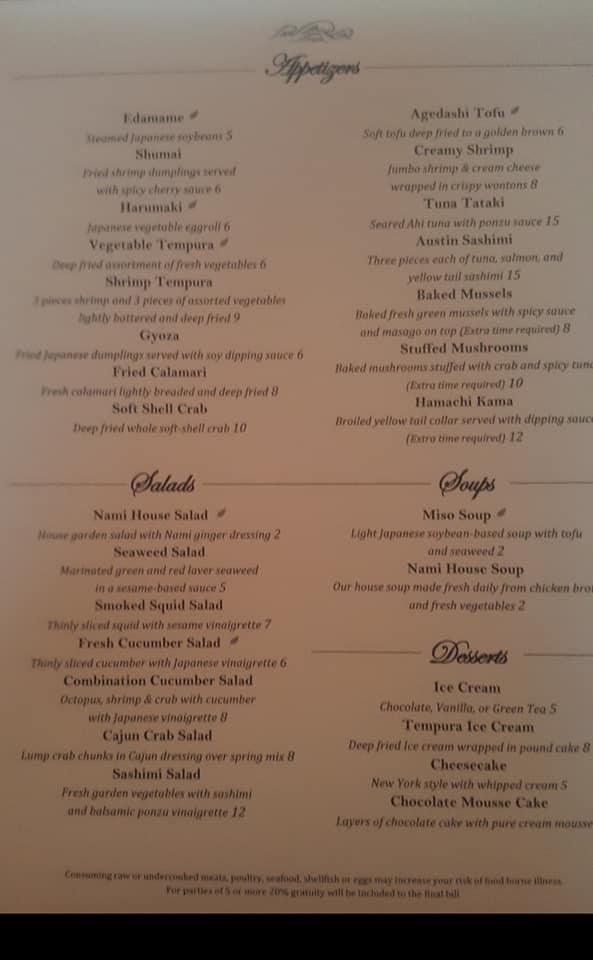 Nami Japanese Steak and Sushi Belton меню