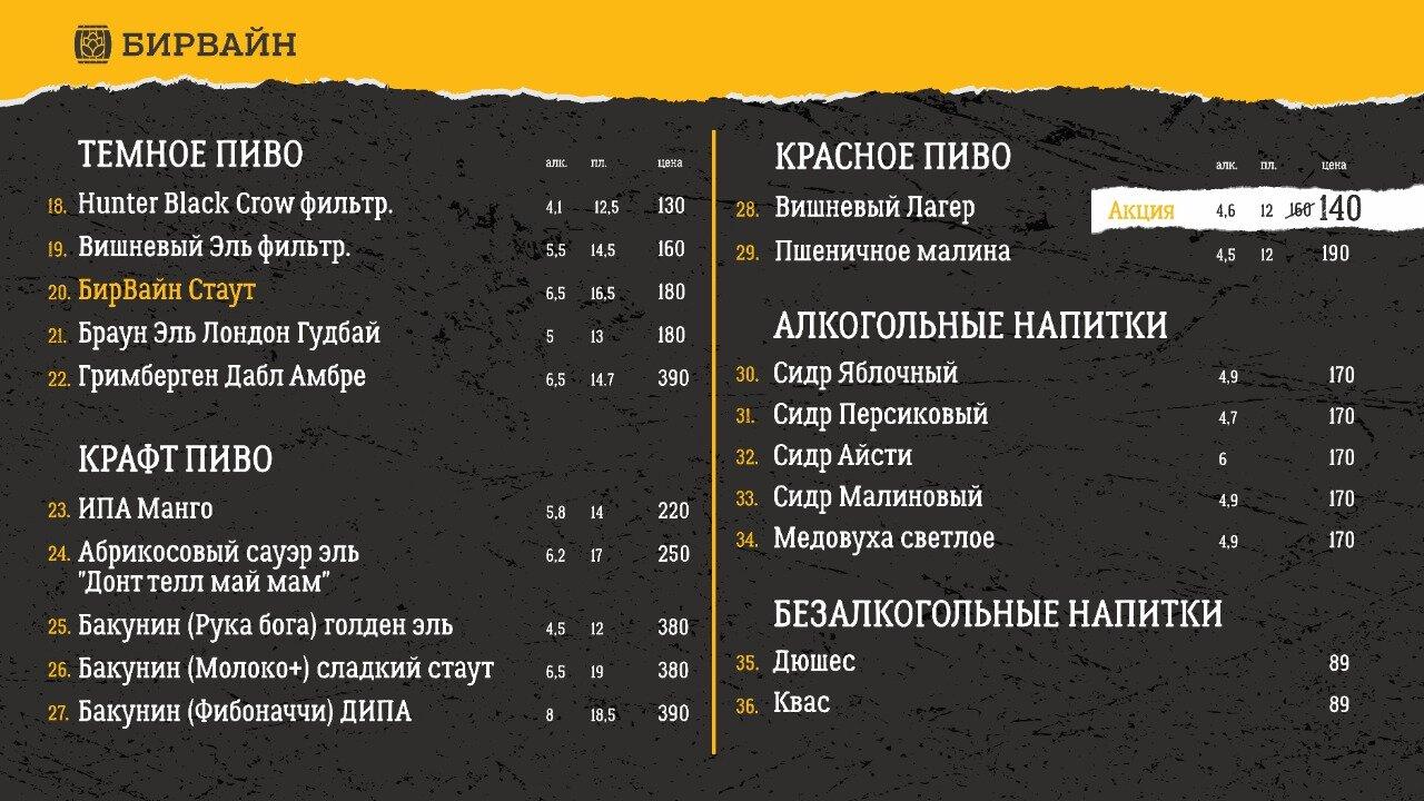 Бирвайн меню