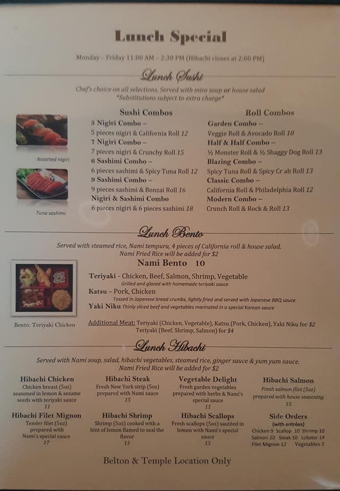 Nami Japanese Steak and Sushi Belton меню