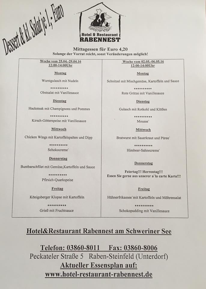 Hotel & Restaurant Rabennest am Schweriner See меню
