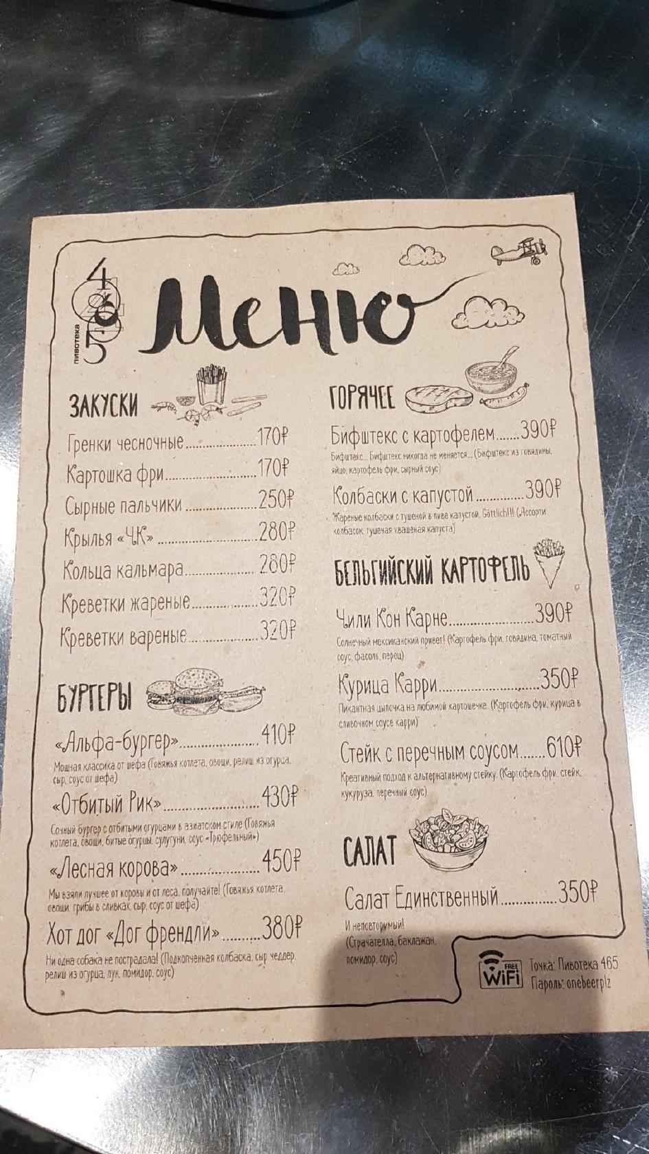 Пивотека 465 меню
