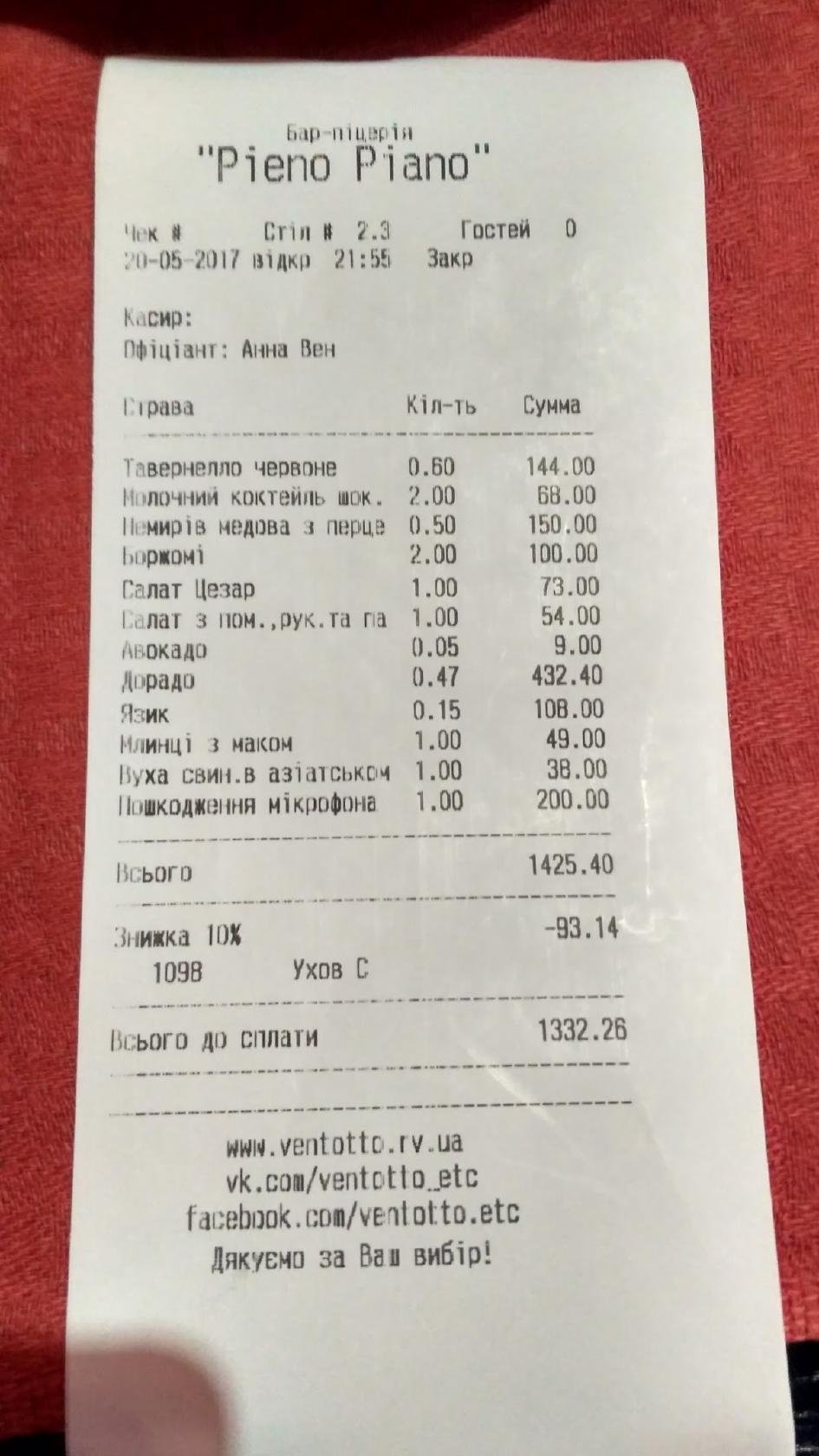 Pieno Piano меню