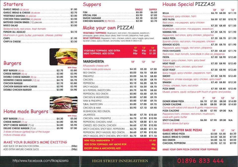 Fikospizzeria Innerleithen Edinburgh меню