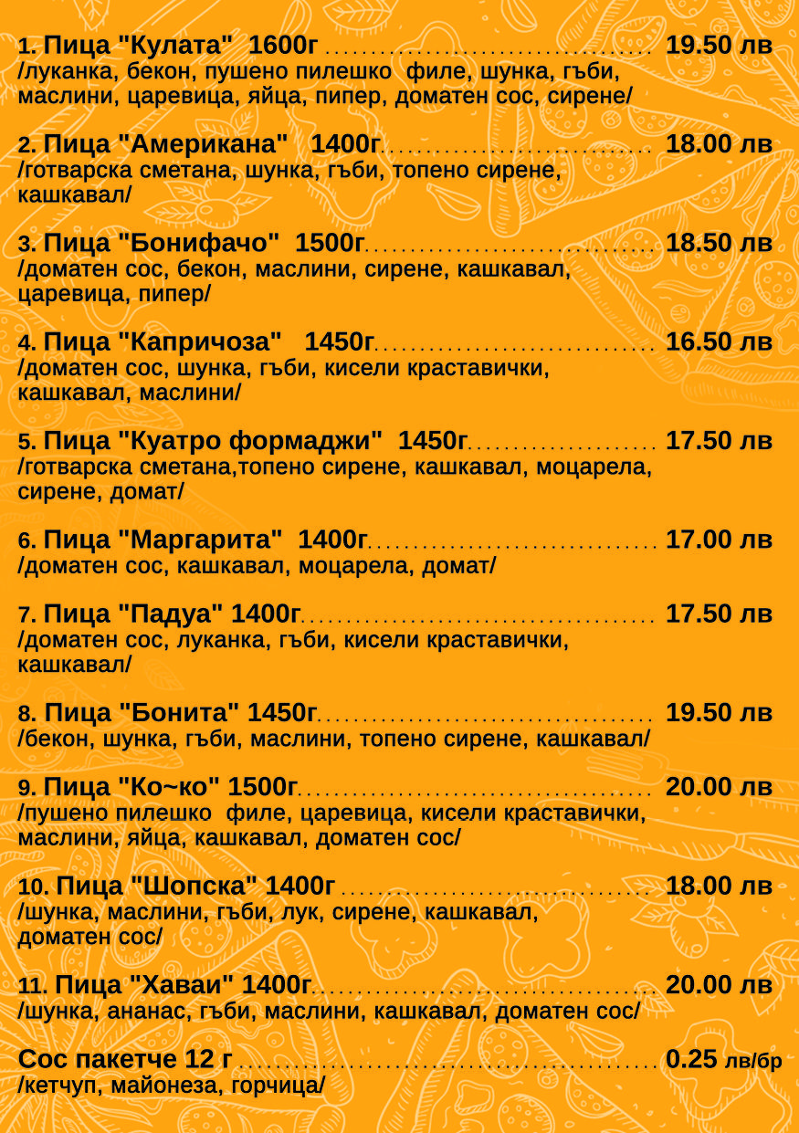 Гостилница "Кулата" меню