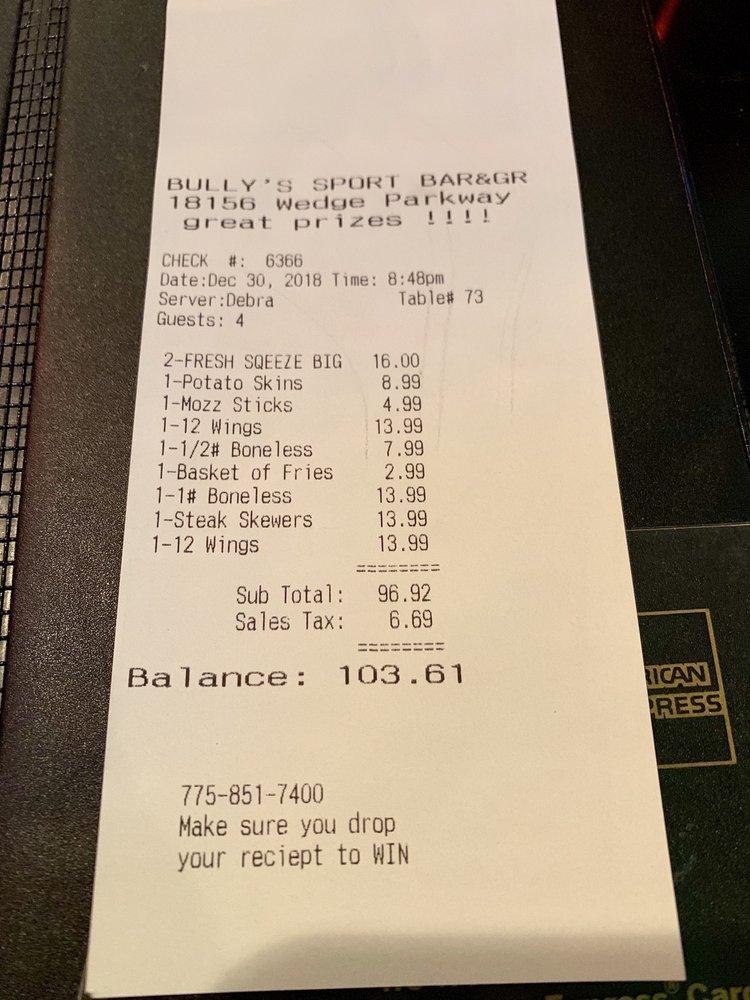 Bully's Sports Bar & Grill меню