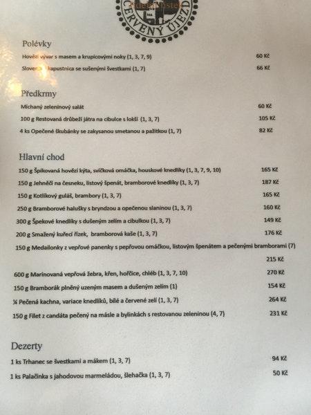 Restaurace Krčma, hrad Červený Újezd меню