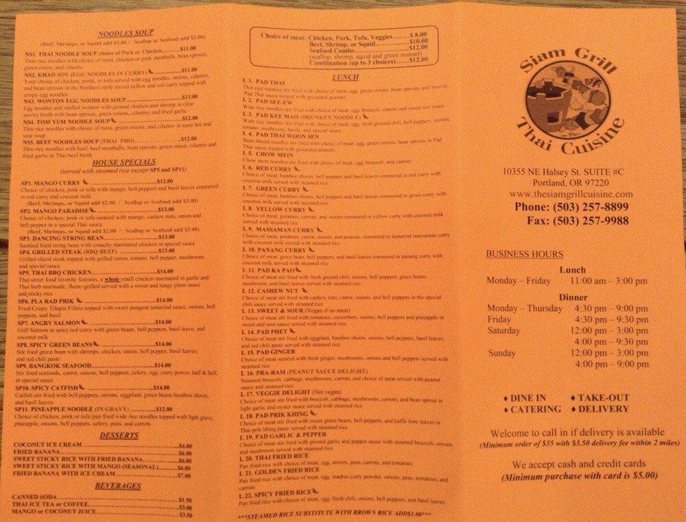 Siam Grill Thai Cuisine меню