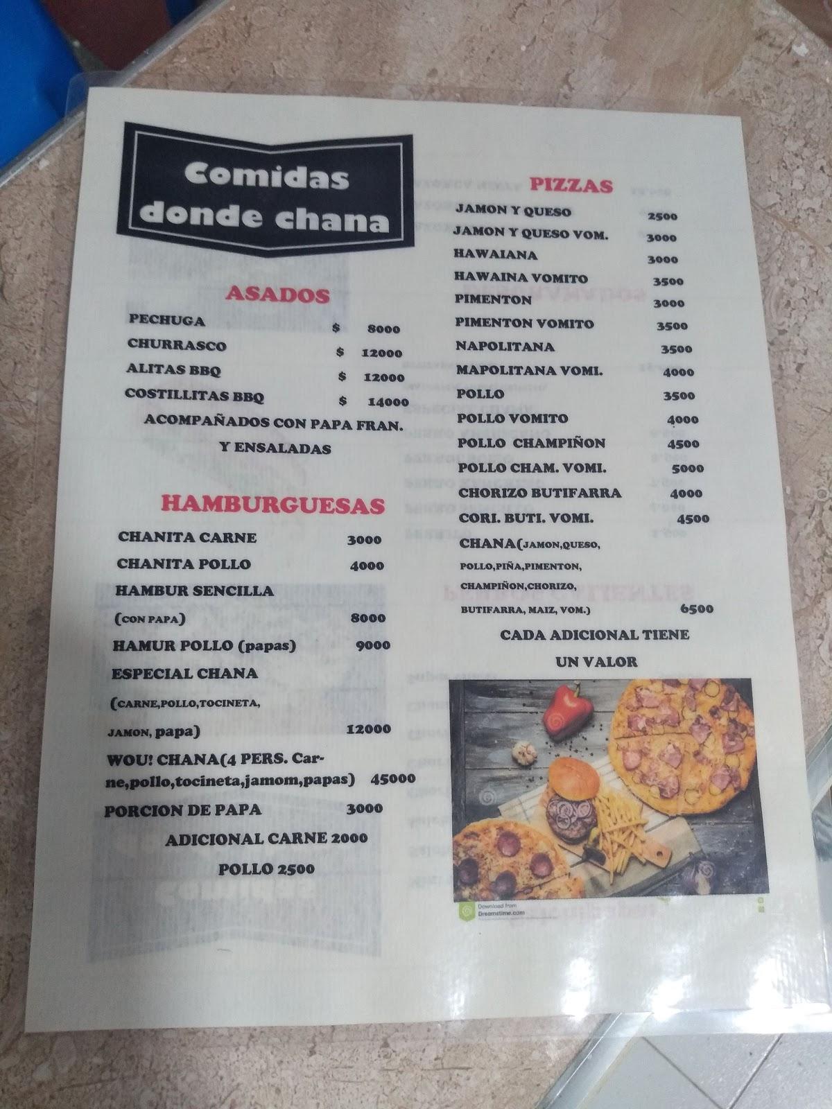 COMIDAS RÁPIDAS DONDE CHANA меню