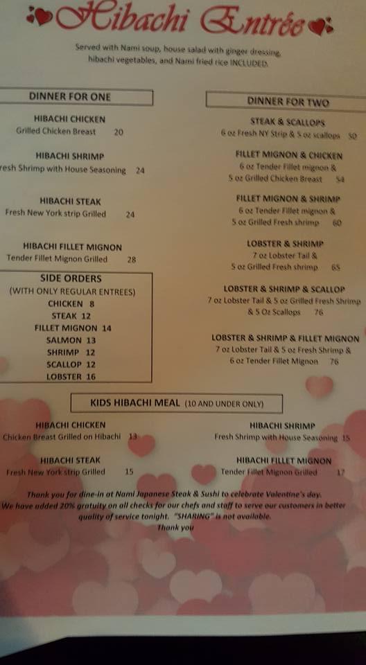 Nami Japanese Steak and Sushi Belton меню
