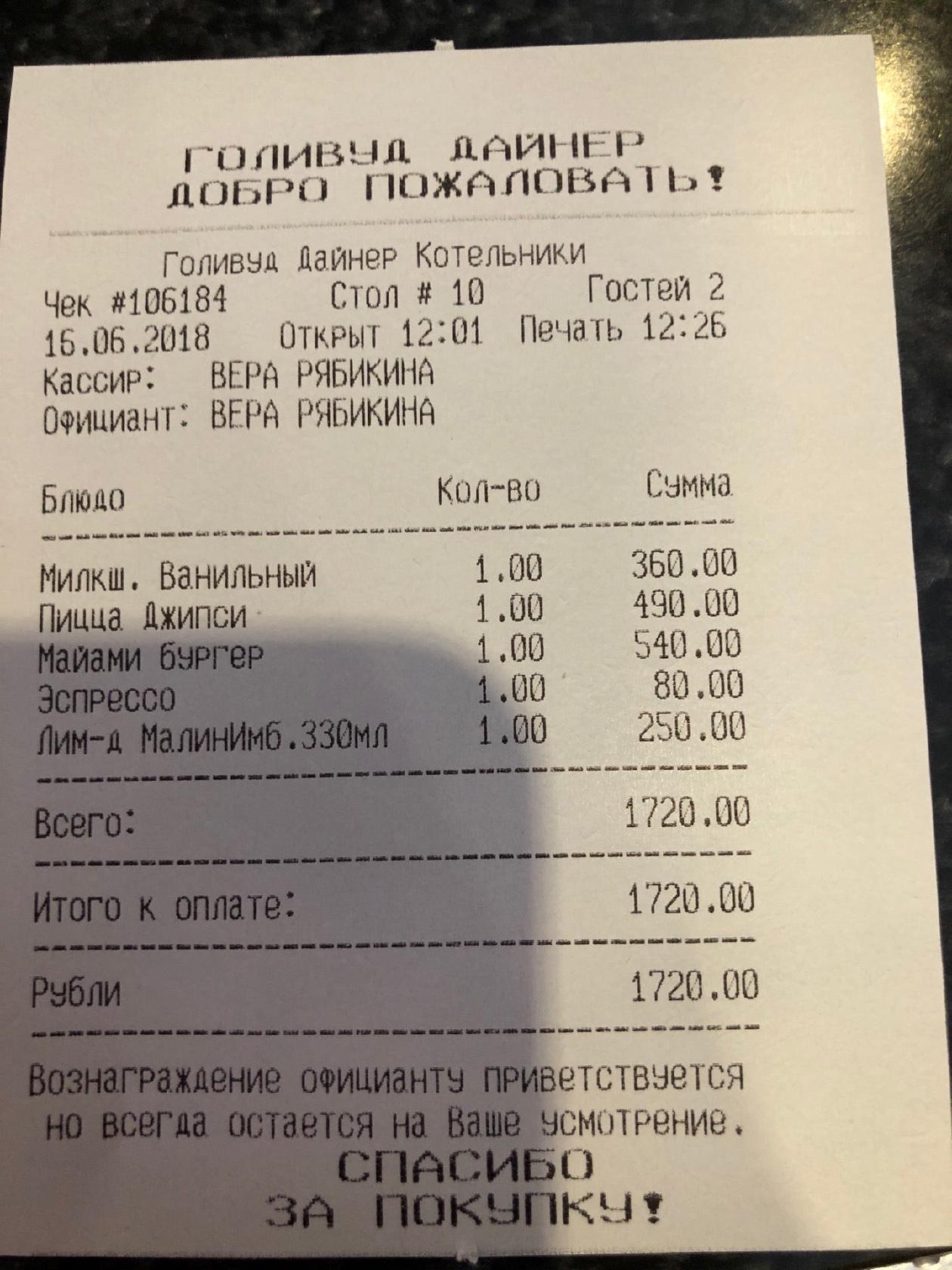 Голливуд меню