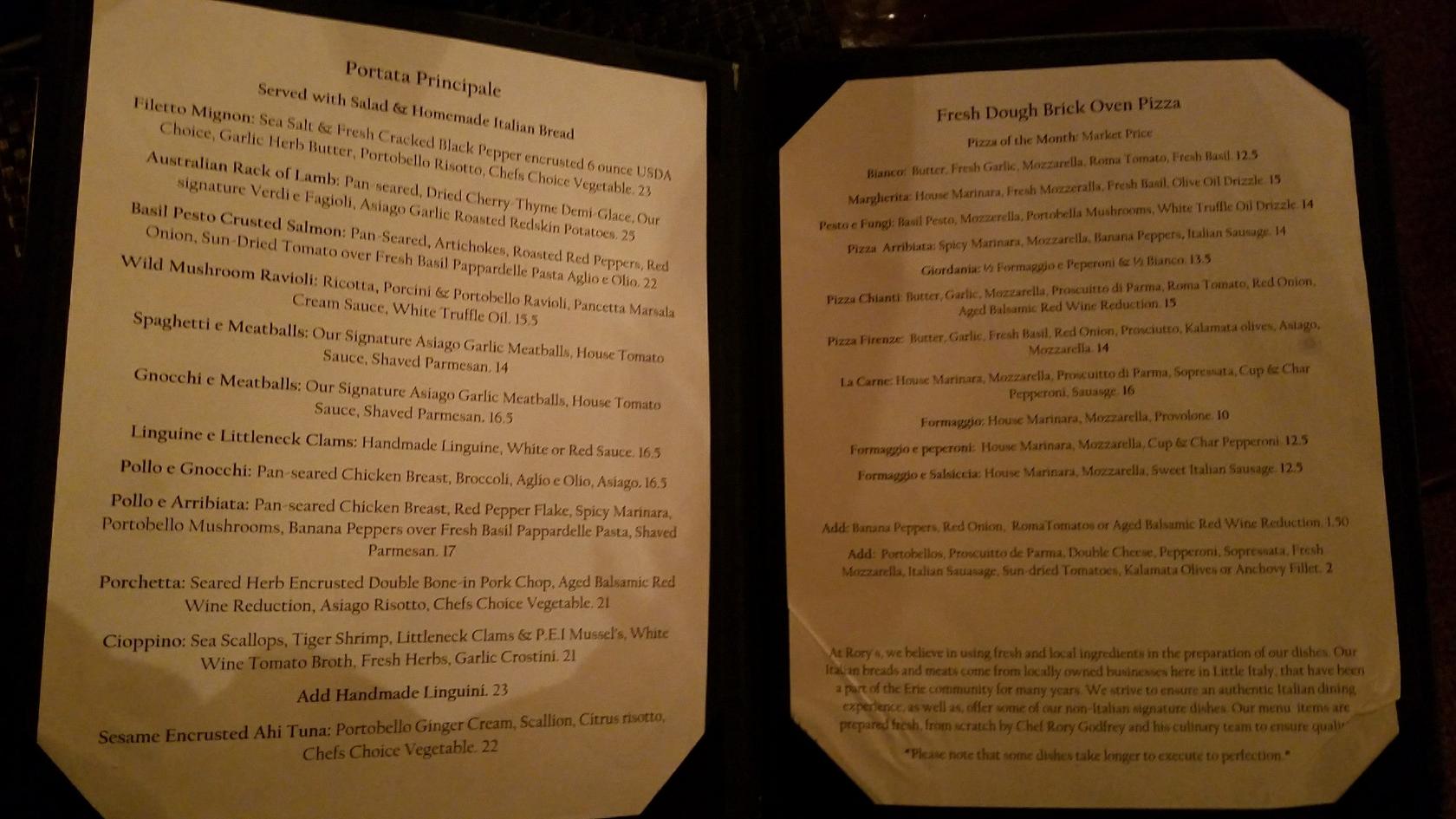 Rory's Ristorante меню
