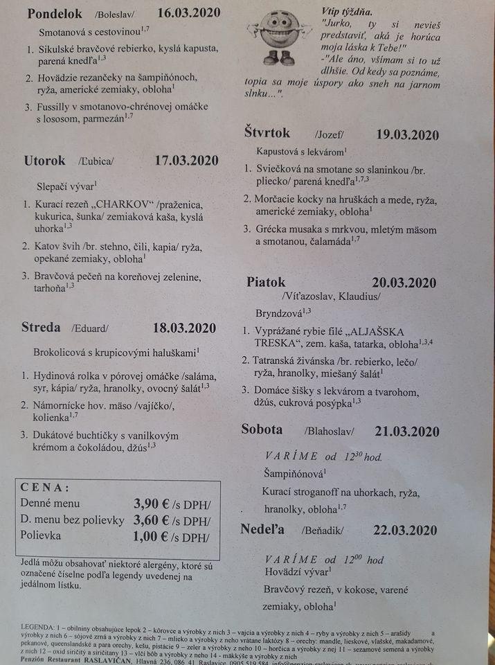 Penzion Raslavičan меню
