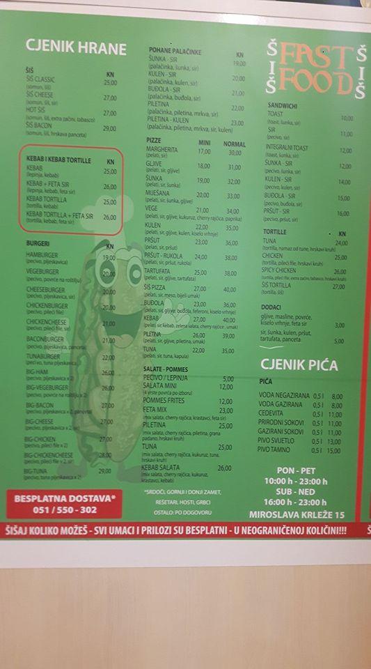 Fast Food "ŠIŠ" Rijeka меню