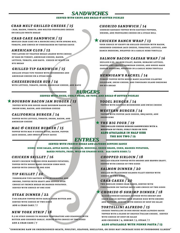 Hennigan's Restaurant and Bar меню
