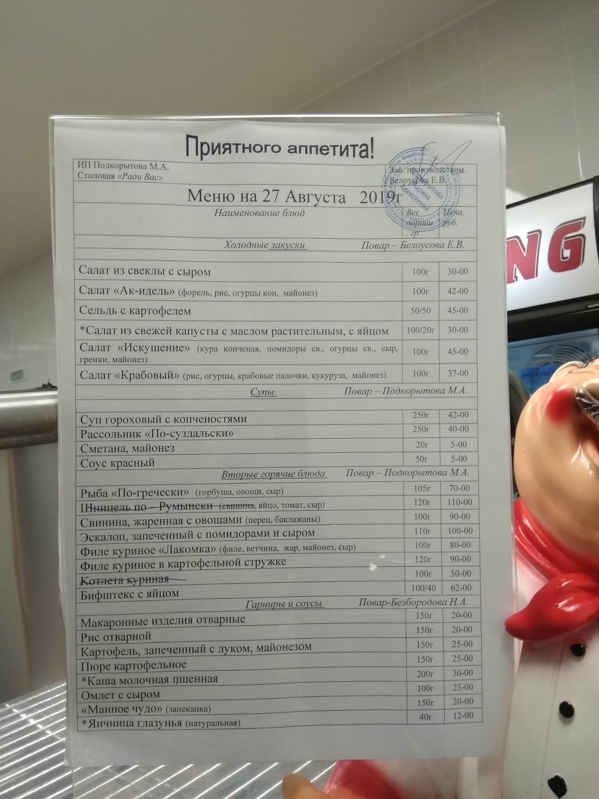 Столовая меню