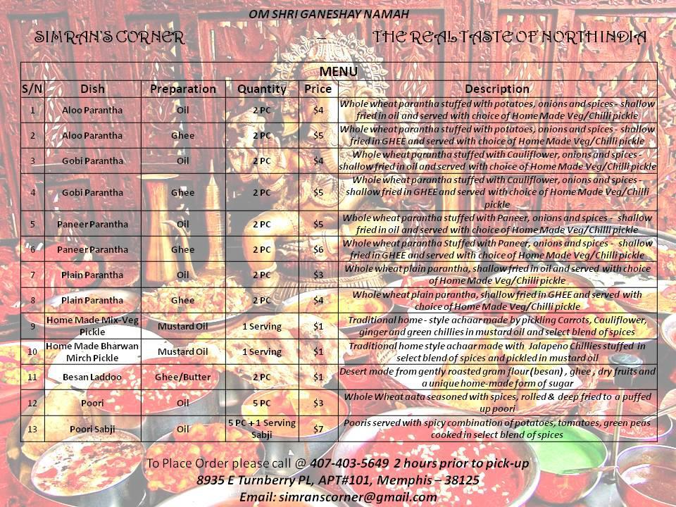 Simran's Corner меню