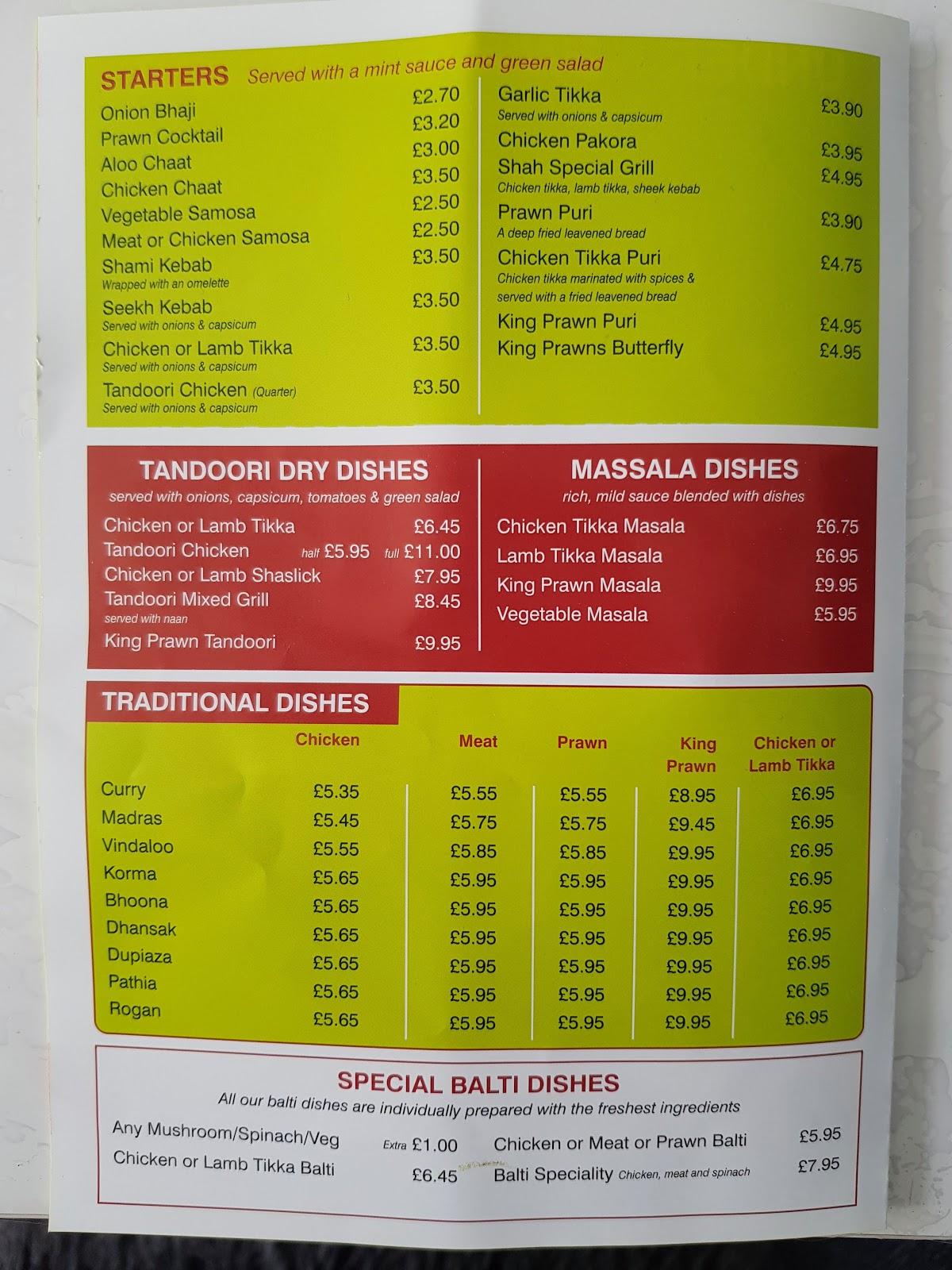 Shah Indian takeaway меню