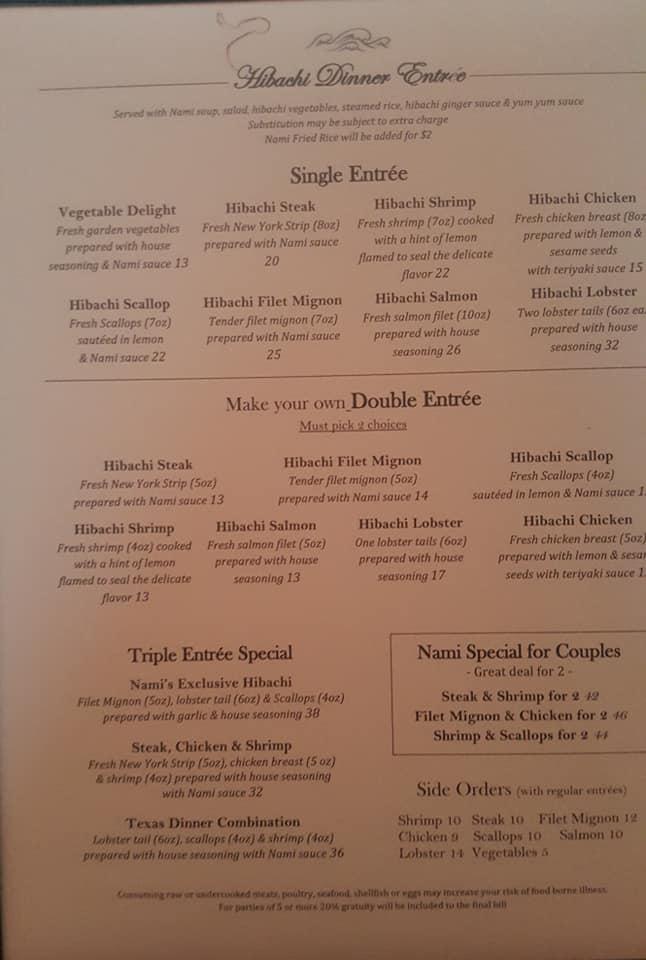 Nami Japanese Steak and Sushi Belton меню
