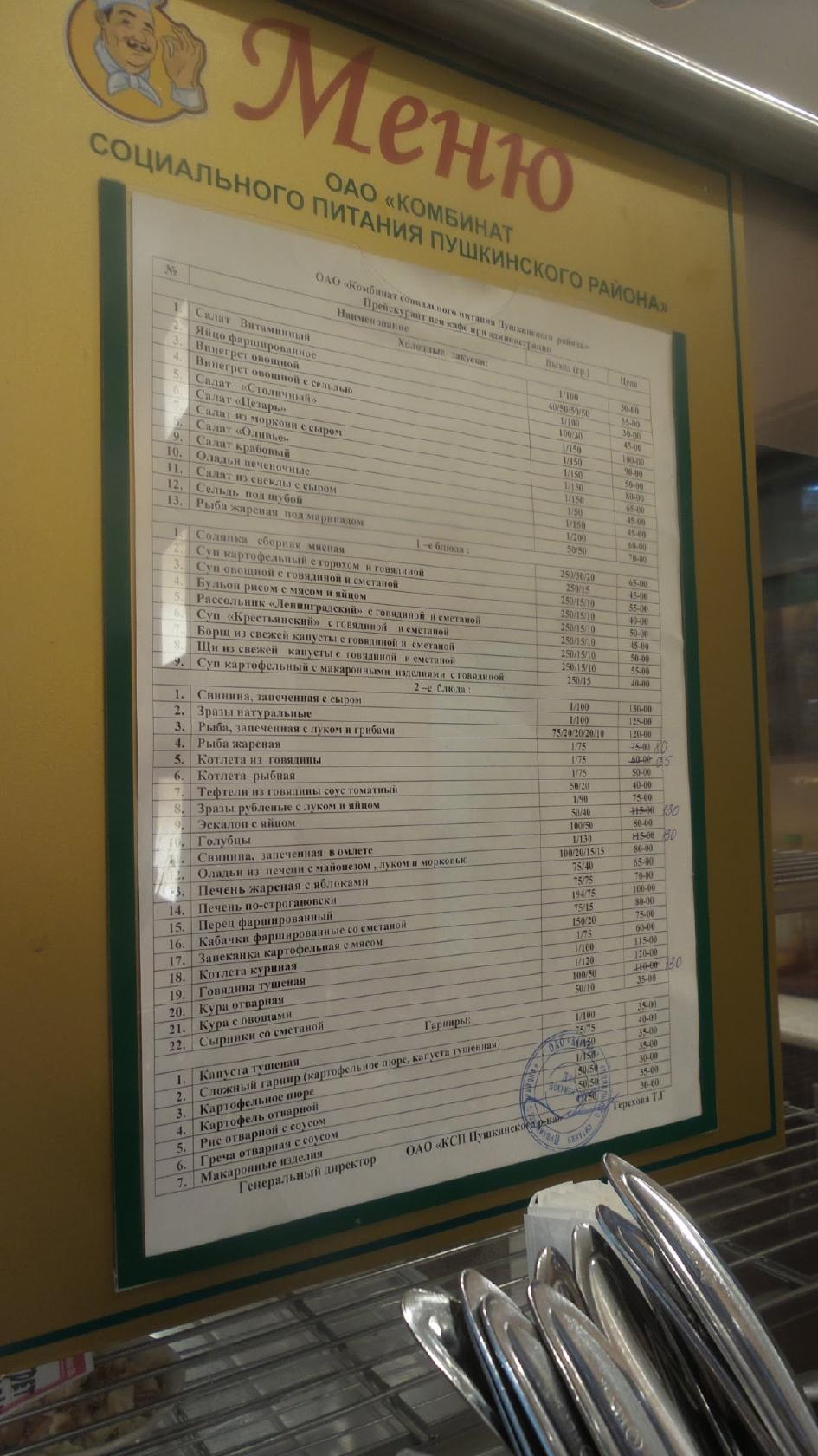 Комбинат социального питания Пушкинского района меню