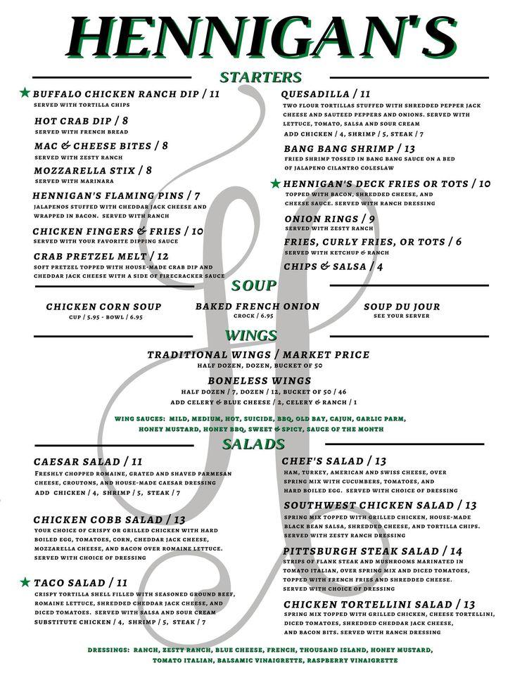 Hennigan's Restaurant and Bar меню