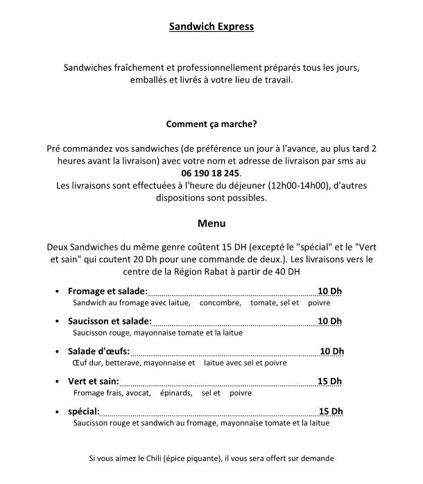 Sandwich Express Rabat меню